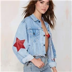 Хорошая Весна newjackets модные женские туфли джинсовая куртка с длинным рукавом со звездами в стиле пэчворк; с вышивкой в виде Повседневное короткие куртки A181 - Цвет: Photo color