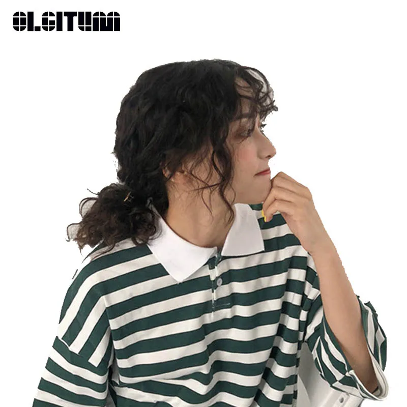 

New 2019 Polo Shirt Female Cute T-Shirt Small Fresh Striped Short-Sleeved Loose Girls Lapel Retro Shirt TT426