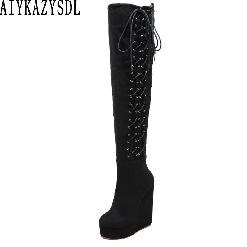 

AIYKAZYSDL Women Knee High Suede Boots Glthic Gladiator Thigh High Stretch Boots Platform Wedge Ultra Very High Heels Shoes 2019