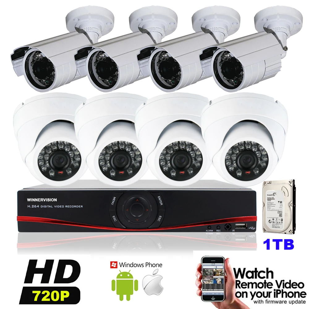 8CH CCTV Cameras System 4pcs Indoor Dome camera 4pcs Outdoor Bullet Cameras 720P 1MP 8CH AHD DVR Video Surveillance Kits 1TB HDD