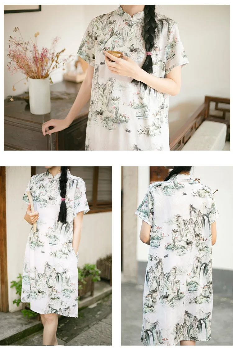 Пейзаж настроение cheongsam платье китайский стиль Новый Весна Лето национальный ветер свободные пластины пуговицы дзен