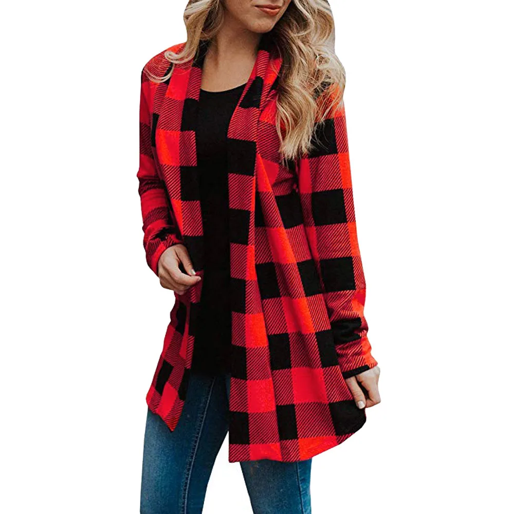 

female buffalo plaid jacket woman Long Sleeve Cardigans v neck Fashion Open Front coat 2019 spring female Casual Streetwear