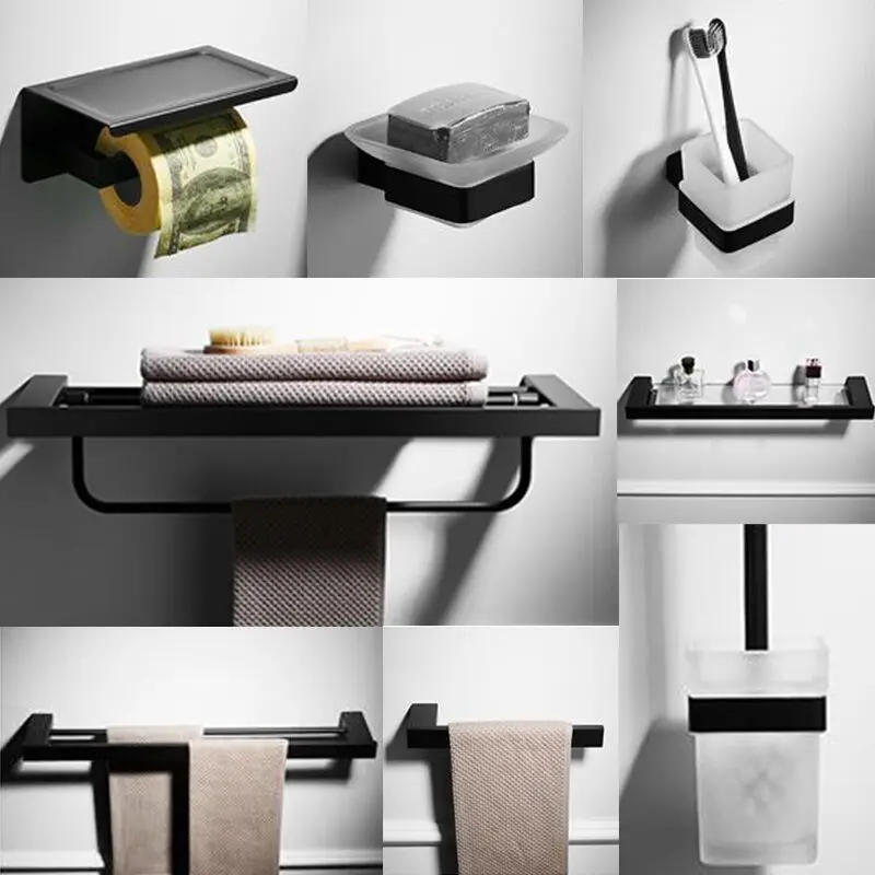 

Short towel rack stainless steel bathroom glass shelf paper box toilet bathroom hardware accessories set bathroom Nordic black