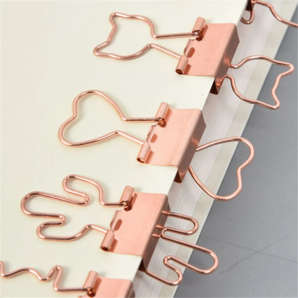 10pcs Cat Rose Gold Color Binder Clips Hollow Out Cactus Penguin Shape Metal Binder Clamps Photo Tickets Note Letter Paper Clips