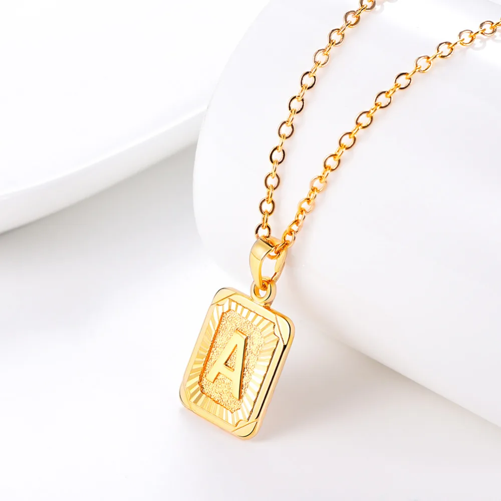 U7 Square Letters Necklaces Pendant Chain Necklace for Women Men English Initial Name Alphabet Jewelry Best Birthday Gifts P1196