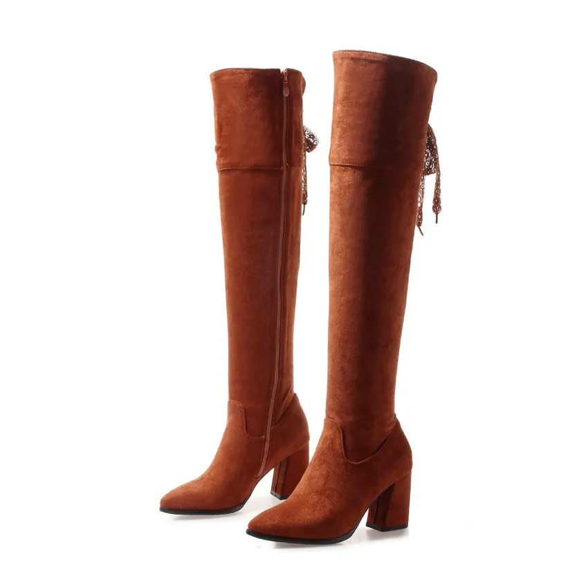 QUTAA/ г. Женские зимние сапоги выше колена на высоком квадратном каблуке с острым носком женская обувь женские ботинки большой размер 34-43