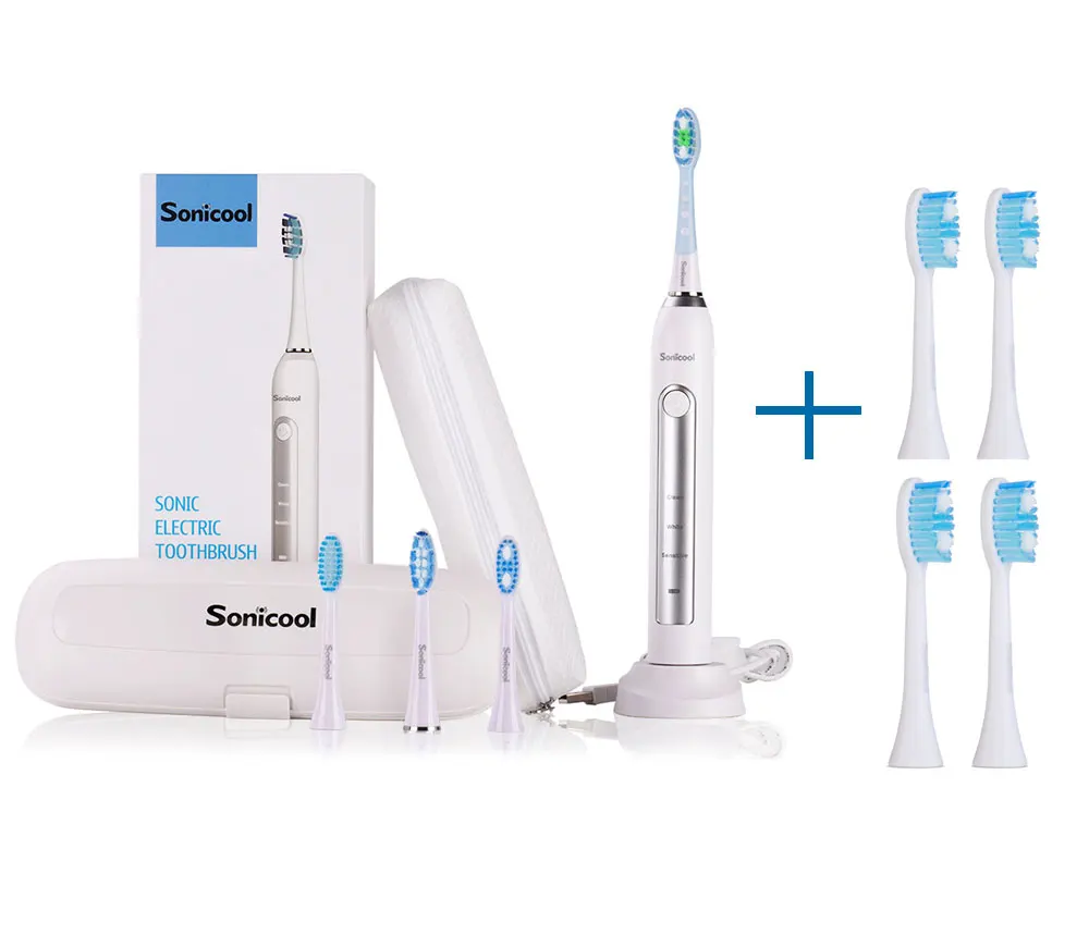 Sonicool 051B Electric Toothbrush USB Rechargeable Ultrasonic Vibrations Tooth Brushes With 4 Pcs DuPont Brush Heads - Цвет: Add 4 clean heads