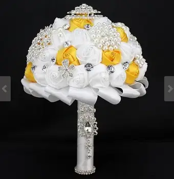 

White & yellow Handmade Diamante Clear Crystal Rhinestone Satin Roses Wedding Decorative Flowers Bridal Bridesmaid Bouquet