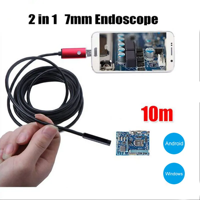 1 шт. 2 в 1 USB эндоскоп 7 мм 10 м 2MP бороскоп кабель зонд водонепроницаемый осмотр бороскоп 6 светодиодов USB провод змеиная трубка камера