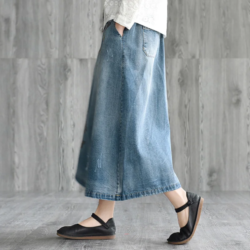 Johnature Повседневная новая джинсовая юбка с вышивкой и завязками, весна-лето, свободная трапециевидная Длинная женская юбка