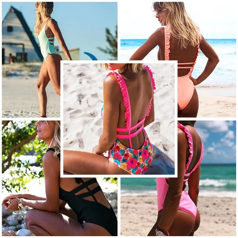 Candy Color Hot Sale Women Bodysuit Floral Print Solid Ruffles Lace Princess Swimwear Padded Backless Sexy One Piece Swimsuit | Спорт и