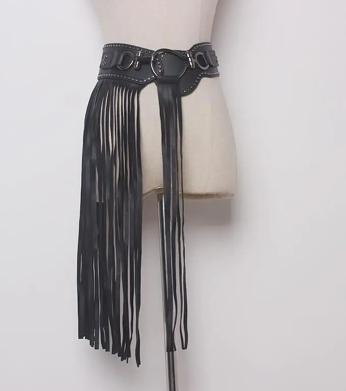 

Women's runway fashion PU leather long tassel Cummerbunds female korean fashion punk decoration wide elastic leather belt R885