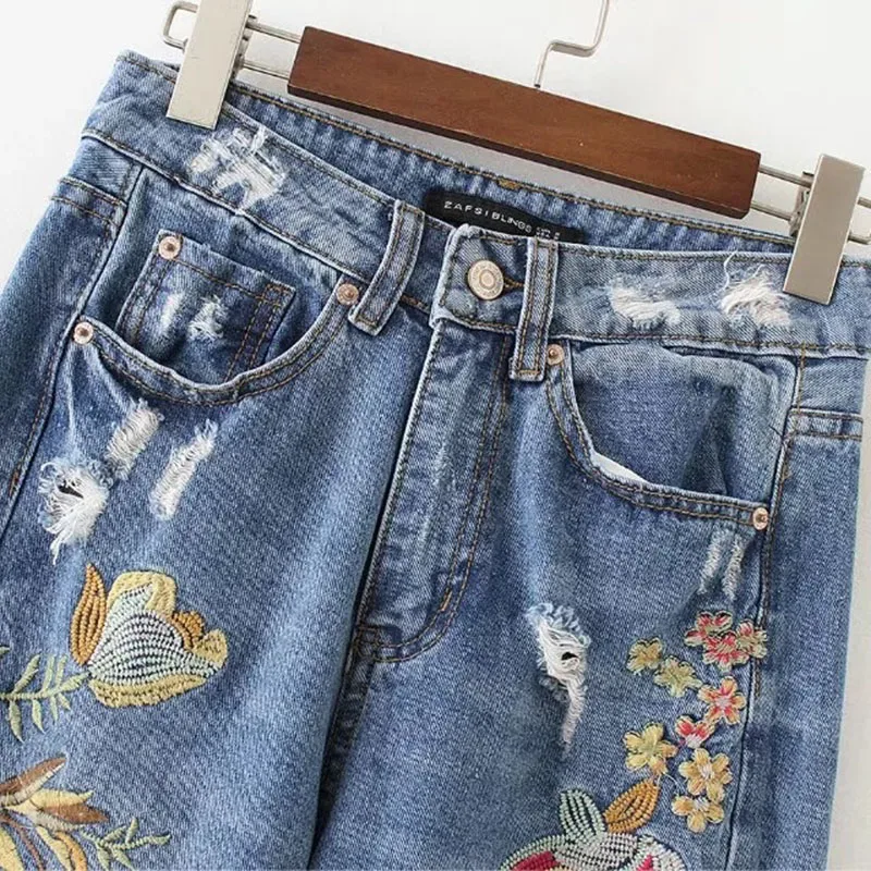 Осенние новые модные женские джинсы с цветочной вышивкой, Свободные повседневные штаны длиной до щиколотки, женские джинсы на молнии с высокой талией