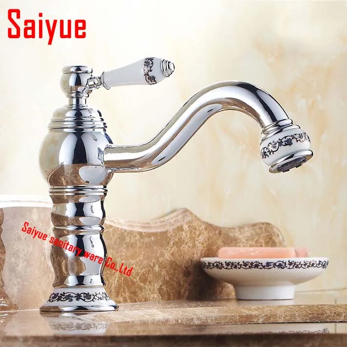 

Creative Design Bathroom Sink Faucet Single Handle Mixer Tap Chrome Finish deck mounted ceramic holder