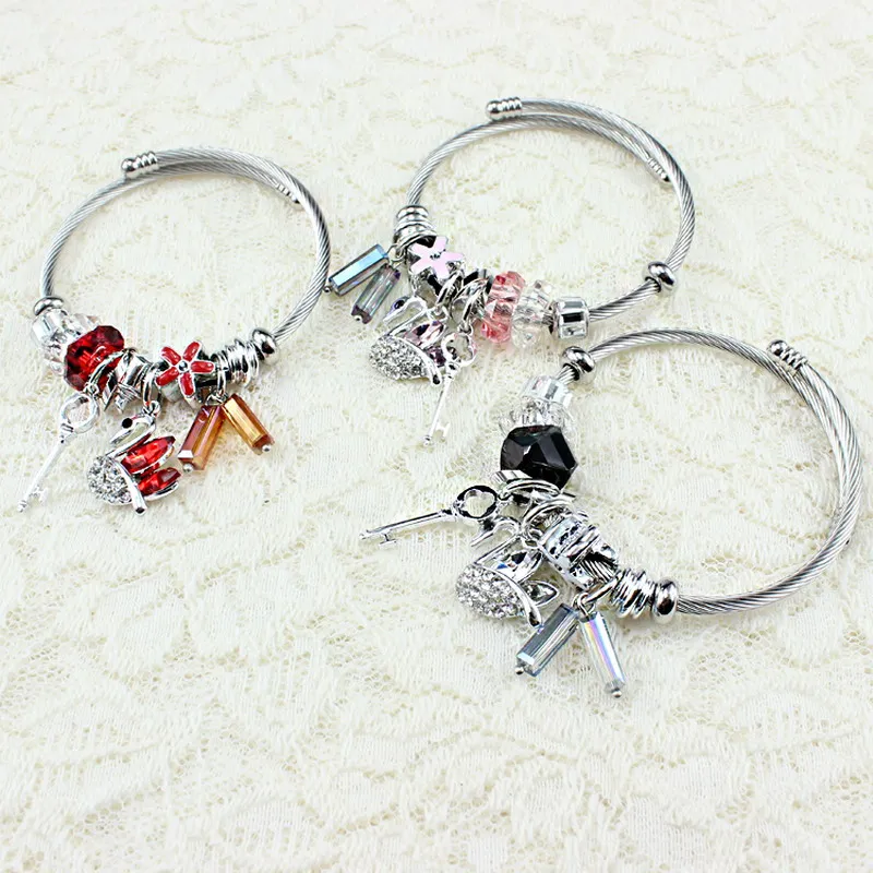 

Adjustable Simple Classic Swan Animal Enamel Crystal Rhinestone Beaded Pendant Cuff Bracelets & Bangles Women Jewelry Pink Girl