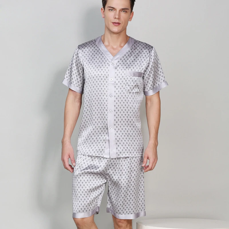 Натуральной шелковой короткие пижамные комплекты мужские короткие рукава благородные пикантные мужские комплект одежды для сна мужские пижамы hombre Летний
