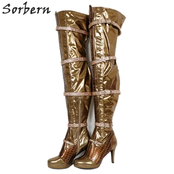 

Sorbern Bronze Matte Metallic Kinky Boots Thigh High Crocodile Long Unisex Boots Custom Wide Calf Fit Legs Unique Shoe Fall 2019