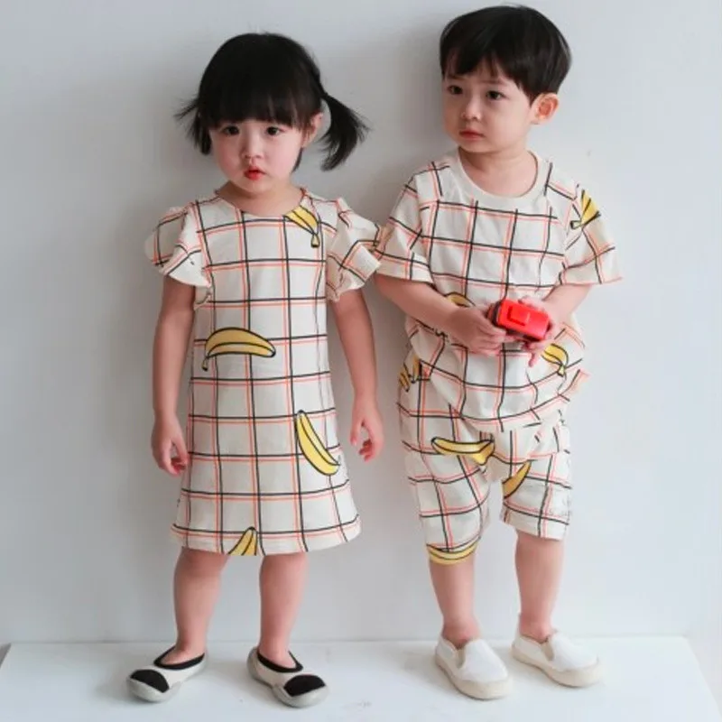 

Toddler Girl Banana Dress For Summer Brother Sister Matching Clothes Boys Banana Tshirt and Baby Girls Summer Dresses D075