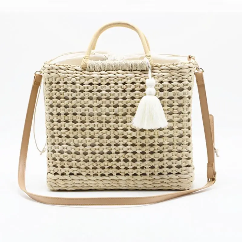 

Hollow Fringed Straw Handbag Shopping Bag Wooden Handle Natural Color Tassel Messenger Bag for Woman Outdoor Travel Supplies