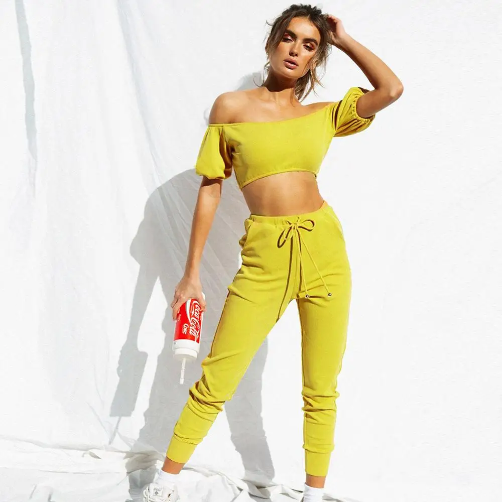 

Summer 2019 New Euro-American Style Short Top and Elastic Kicks Pants Two-piece Sets