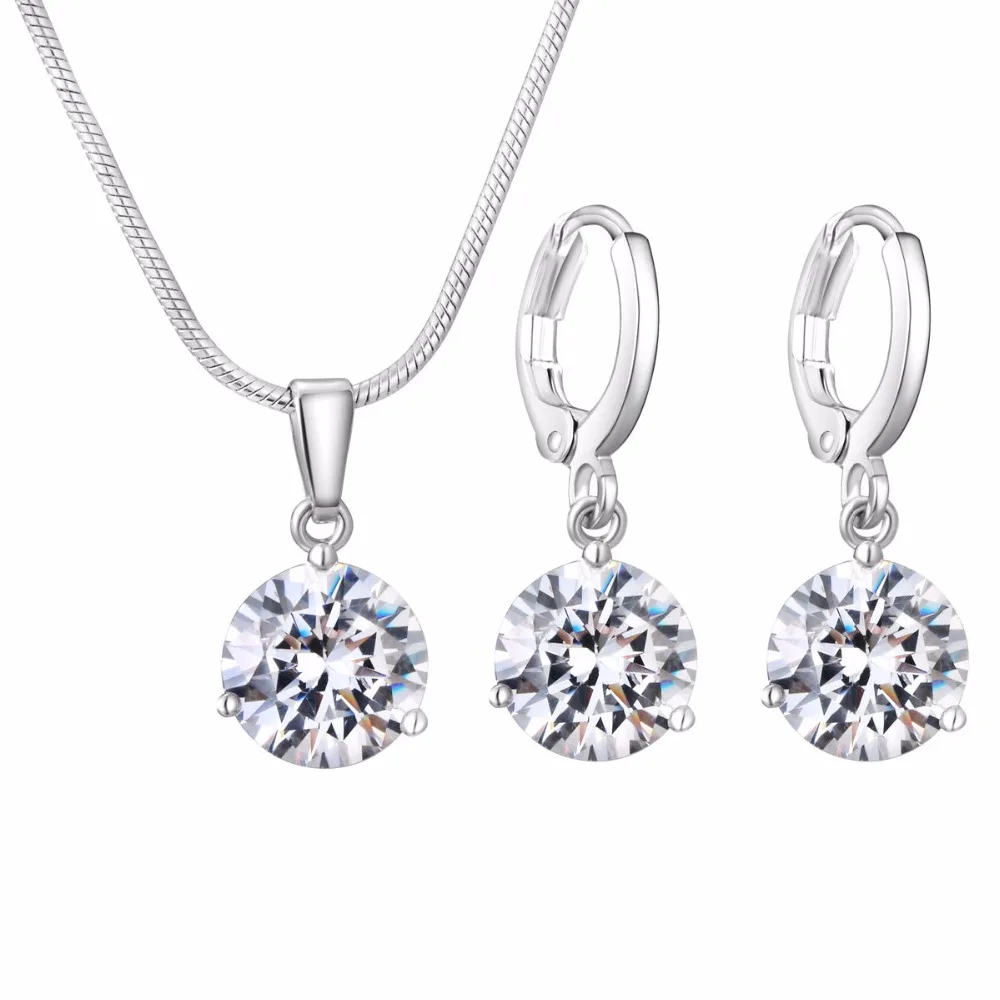 

17 Colors Jewelry Sets for Women Round Cubic Zircon Hypoallergenic Copper Necklace/Earrings Jewelry Sets