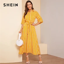 SHEIN abaya/желтое Полосатое платье с поясом и пуговицами, полупланка, макси, скромное платье, женские летние осенние офисные женские платья трапециевидной формы