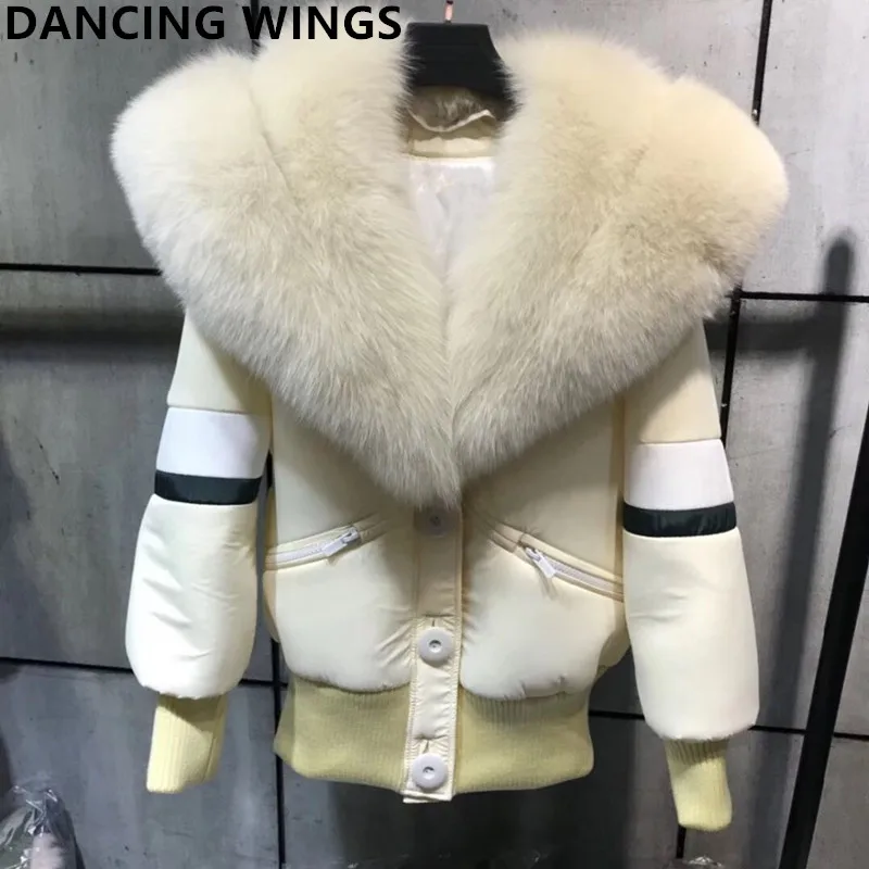 

Real Finland Fox Fur Collar Parka Women Winter Space cotton Lining Jakcet Fashion Warm Black White Short Women's Coats