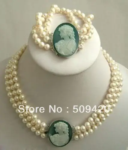 

Free Shipping>>>3 Rows 7-8mm White Pearl Necklace Cameo Clasp Bracelet AA+