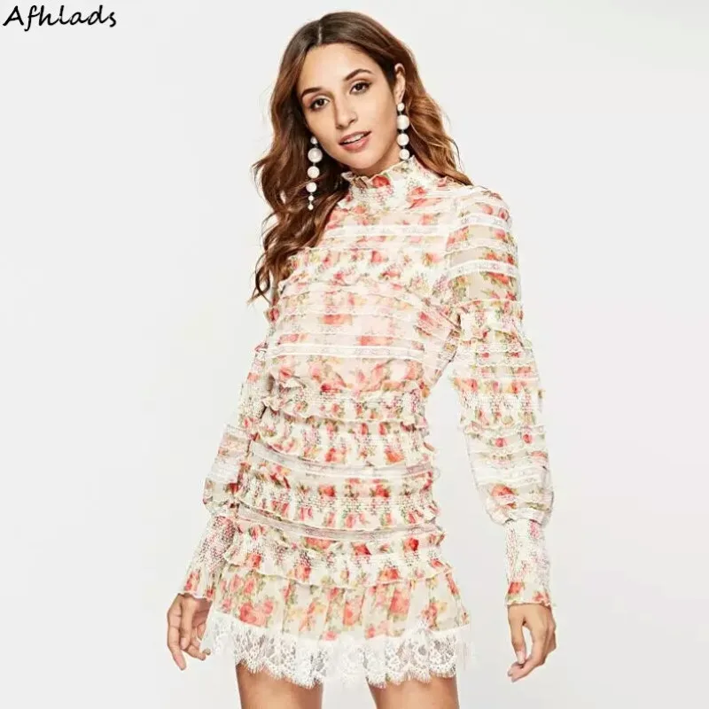 

Print Long Sleeve Suit Female Autumn New Two-Piece Lantern Sleeve Shirt Floral Lace Patchwork Cake skirt Two-Piece Set women