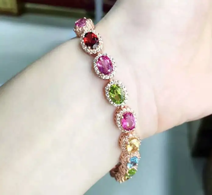  Naturel multicolore rouge grenat cristal Bracelet péridot naturel Bracelet 925 argent bracelet luxu