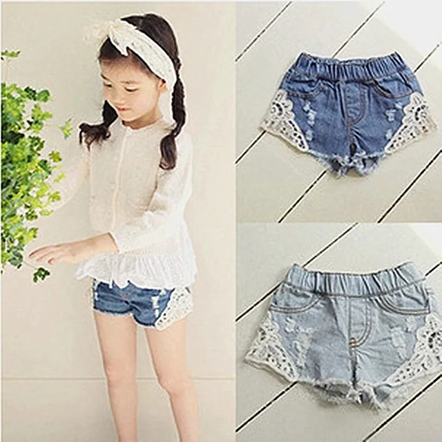 New Summer Korean Girls Lace Hole Jeans Shorts Cowboy Kids Girls Cute Shorts Jeans Short Lace Pocket Denim Shorts Children 2-12Y 1