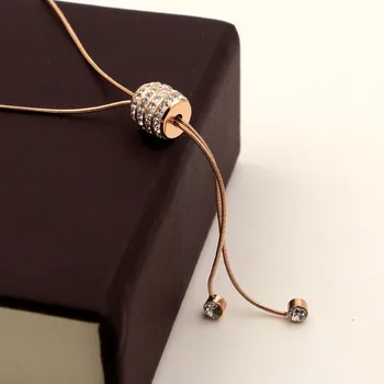 

Stainless Steel Necklace Snake Chain Love Crystal Cylinder Tassel Pendant Necklace Rose Gold Color Women Lady Xmas Gift