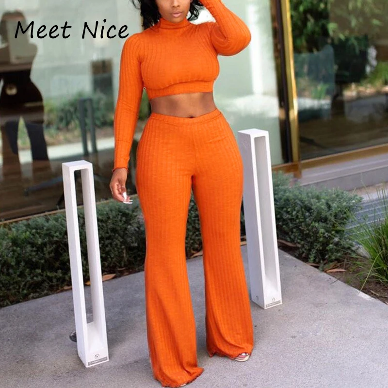 

2 Two Piece Set Women Ribbed O Neck Crop Top and Long Pants Set Sexy Autumn Long Sleeve Tracksuit Women Conjunto Feminino