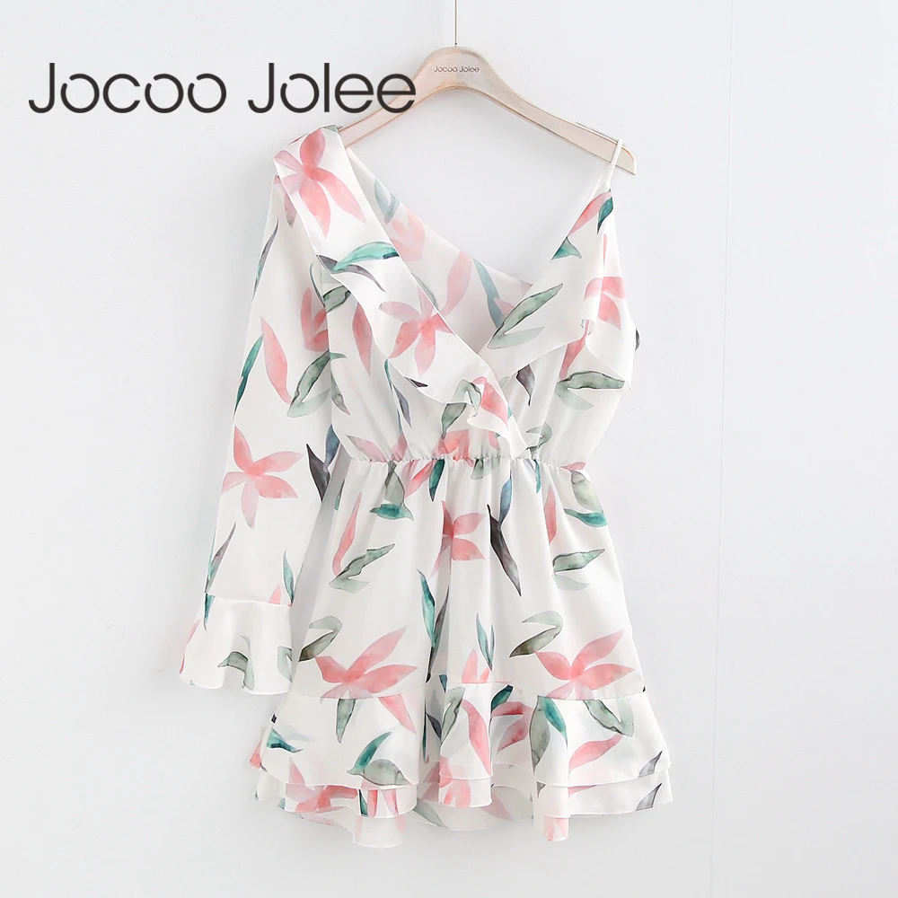 

Jocoo Jolee Sexy V-Neck Beach Print Dress Female Ruffles One Side Sleeves Backless Spaghetti Sash Chiffon Dress 2018 Summer New