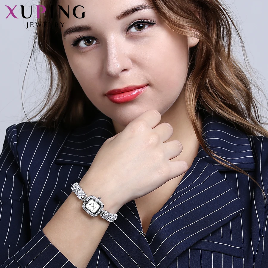 Xuping, белые женские часы с синтетическим кубическим цирконием, квадратная форма, экологическая медь, подарки, Роскошные Кварцевые часы 00003
