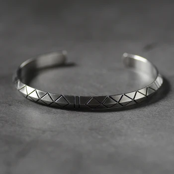 

Retro Viking Cuff Bracelet Bangle for Men Women Pulseira Male with Vintage Silver Tone Titanium Steel Engraved Lines