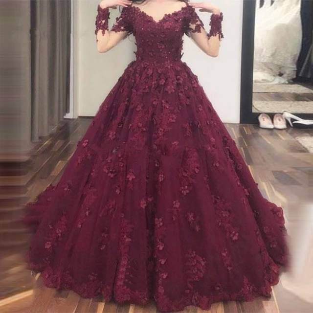 Vintage Ball Gown Long Sleeves Satin Wine Red Wedding Dress with Lace –  Siaoryne