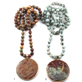 

New Fashion Bohemian Jewelry Blue Natural Stone Knotted Multicolor Stone Round Pendant Women Necklaces Free Shipping