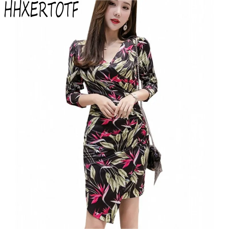 

2019 New Print Stretch Bodycon Dress Women Summer Elegant Fitted Sheath Dresses OL Full Sleeve Work Bodycon Vestidos