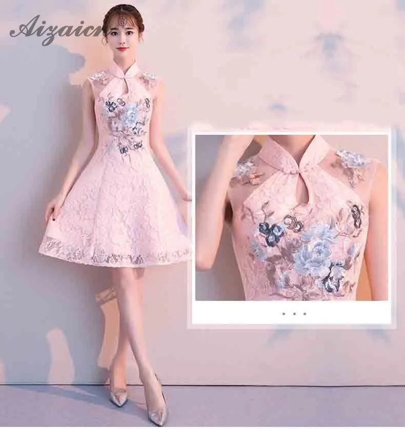 Современные Розовые Мини Qipao Chinoise кружевные короткие чонсам, Восточный стиль ретро вечернее платье Qi Pao женское традиционное китайское