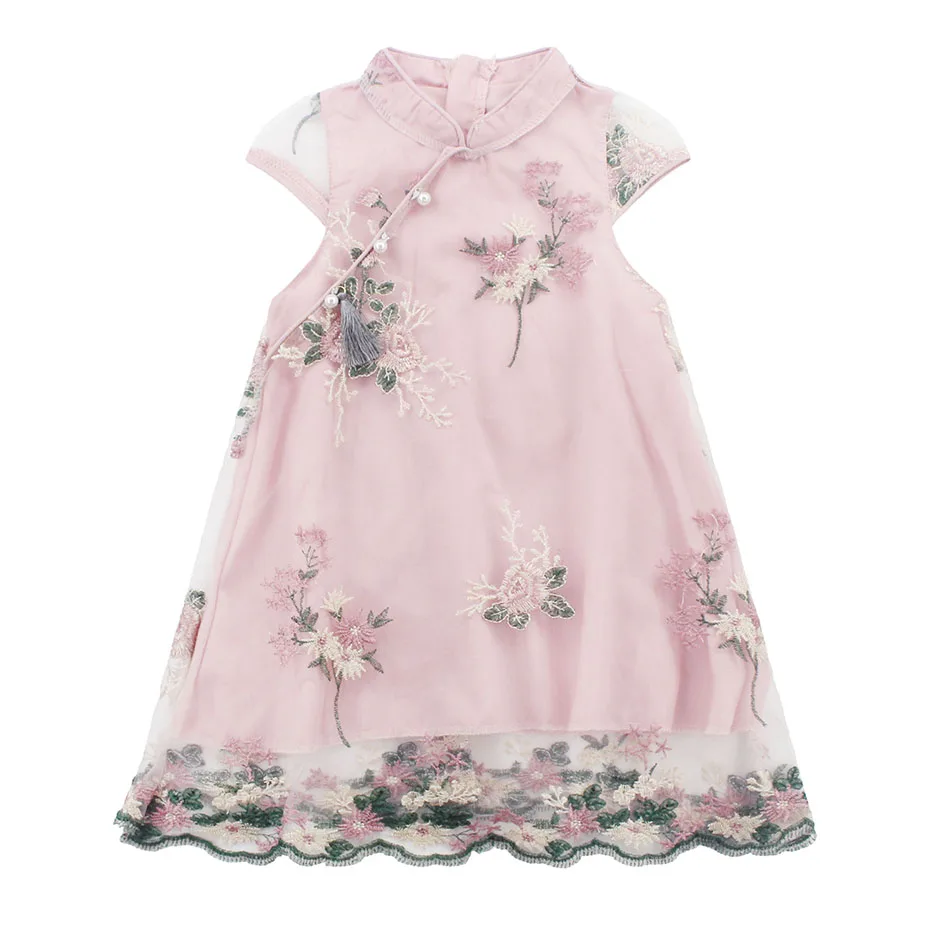 Летние платья для девочек с цветочной вышивкой; платье для девочек в китайском стиле; платье Чонсам для девочек; Большие Детские костюмы для девочек