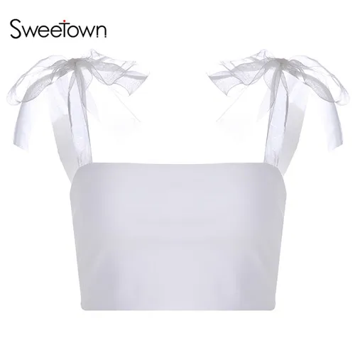 Sweetown, белый, летний, Харадзюку, каваи, без косточек, короткий топ, рубашка, женская, сексуальная, сетка, бант, на тонких бретелях, обрезанный, Feminino Cami top - Цвет: white