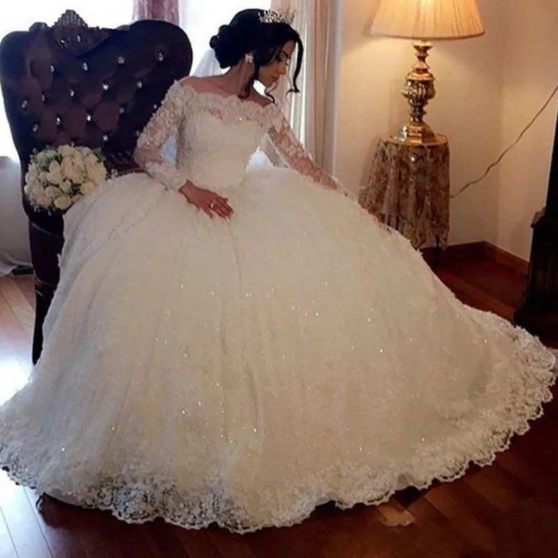 

Long Sleeve Lace Wedding Dresses Ball Gown Tulle Plus Size Off Shoulder Bride Bridal Weding Weeding Dresses Wedding Gowns 2019