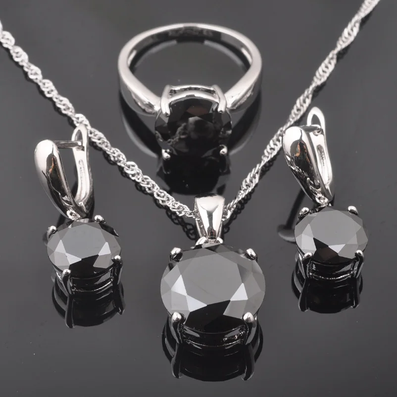 FAHOYO Classic Round Black Zircon Women’s 925 Sterling Silver Jewelry Sets Earrings/Pendant/Necklace/Rings Free Shipping QZ0218