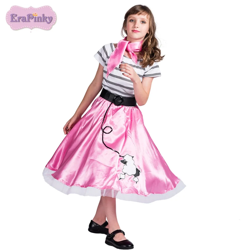 

Erapinky Girl Costume Party Dresses Poodle Girl Dress Printed Kids Wear With Pink Scarf Casual Short Dresses For Girls