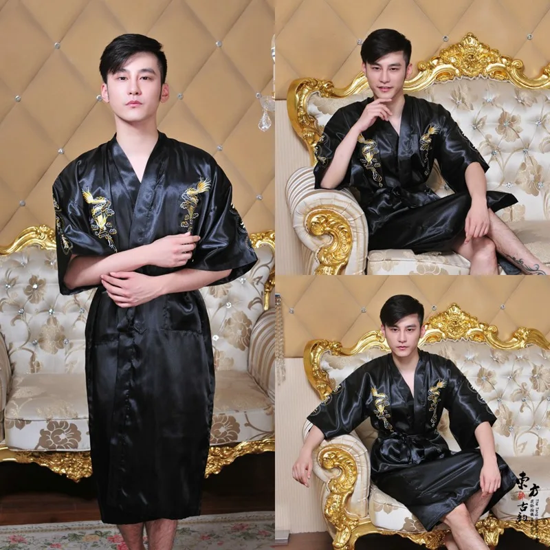 Bath Robe Women Chinese Style Satin Robe Embroidery Dragon Gown Ladies Night Robes WR004