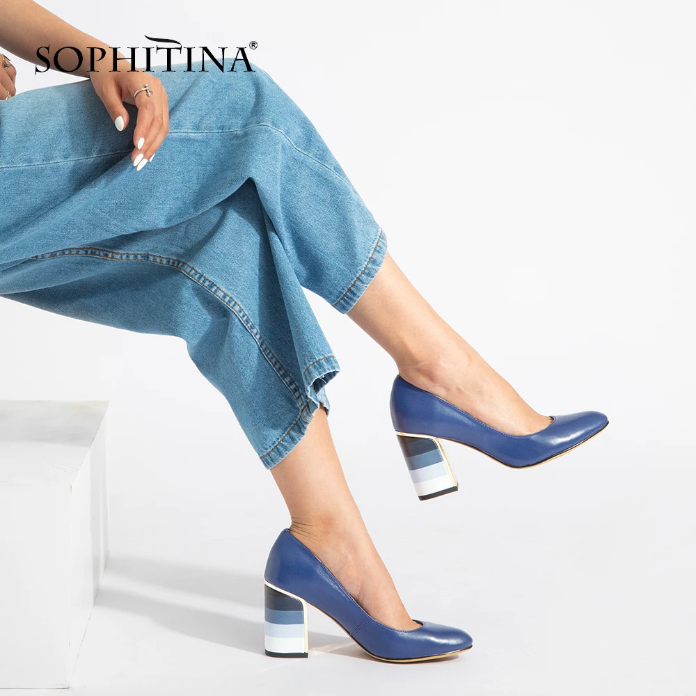 SOPHITINA 2019 Genuine Leather Pumps Women's Autumn Slip-On Round Toe Square Heel Dress Shoes Handmade Elegant Shallow Pumps W10