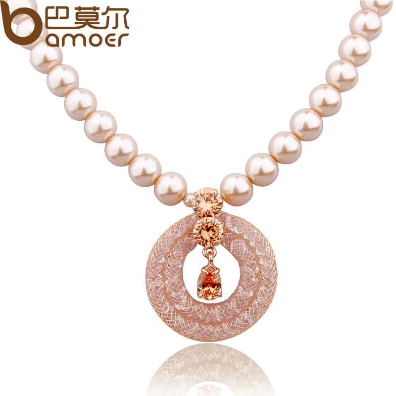 

BAMOER Crystal and Imitation Pearl Round Pendant Necklace for Women Gold Color Fashion Wedding Jewelry JSN067