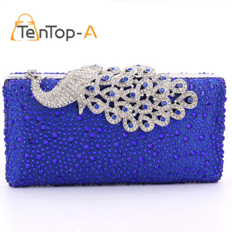 

TenTop-A Lady Mini Handbag Royal Blue Diamond Peacock Clutch Handbags Crystal Diamond Evening Bag Rhinestone Drops Shoulder Bags