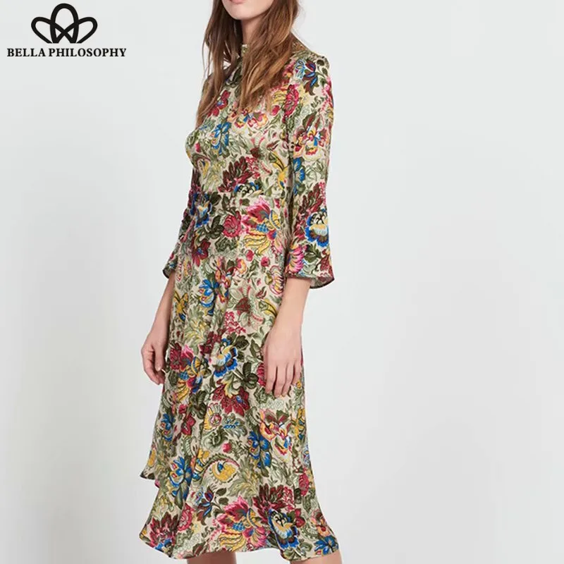Wonder new Spring Three Quarter Midi Dress Vintage Print Floral Female Turtleneck Asymmetrical Dress Casual Lace-Up Dress 2019